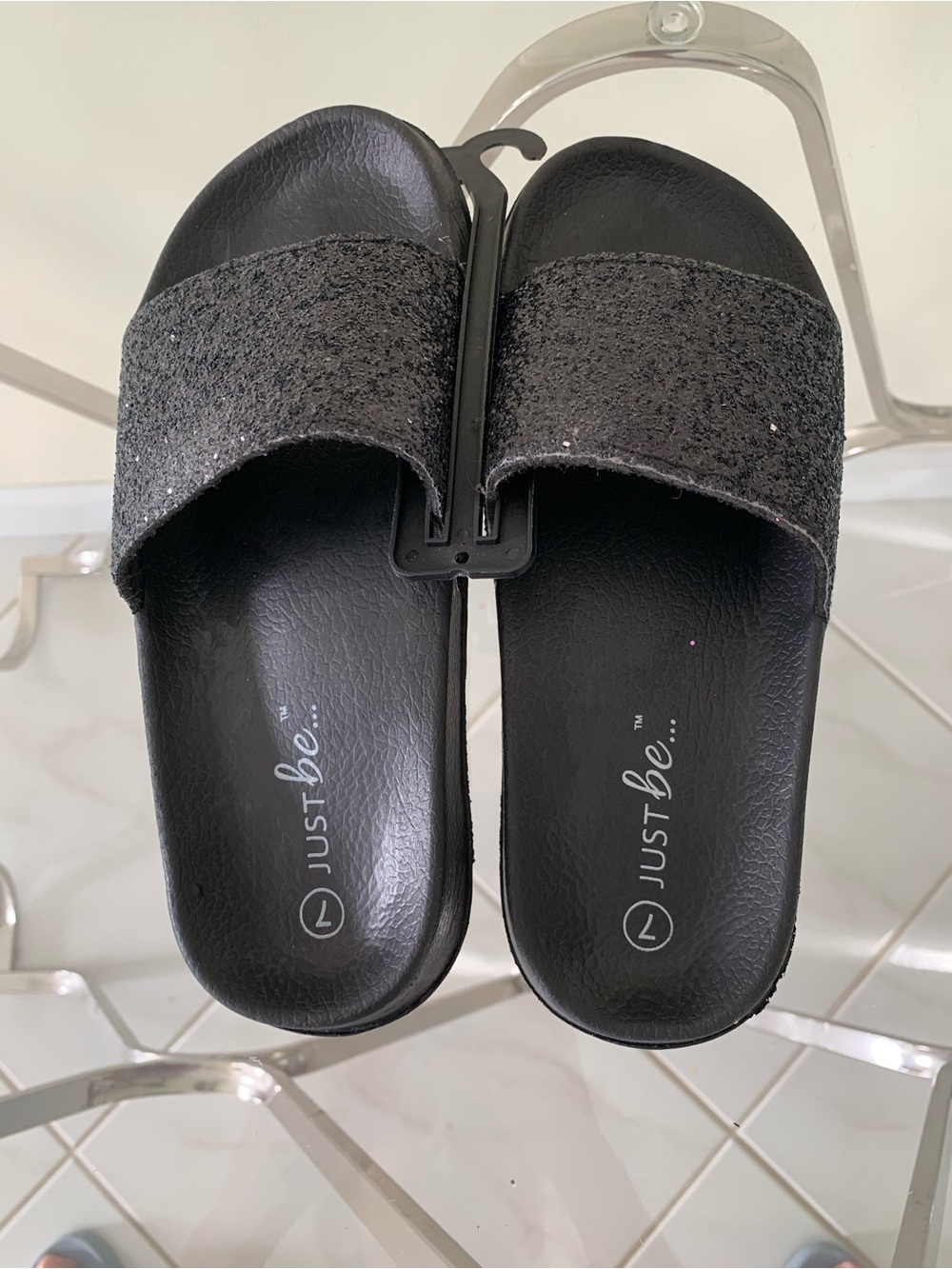 just be Black Glitter Slide Sandals for Women size 7